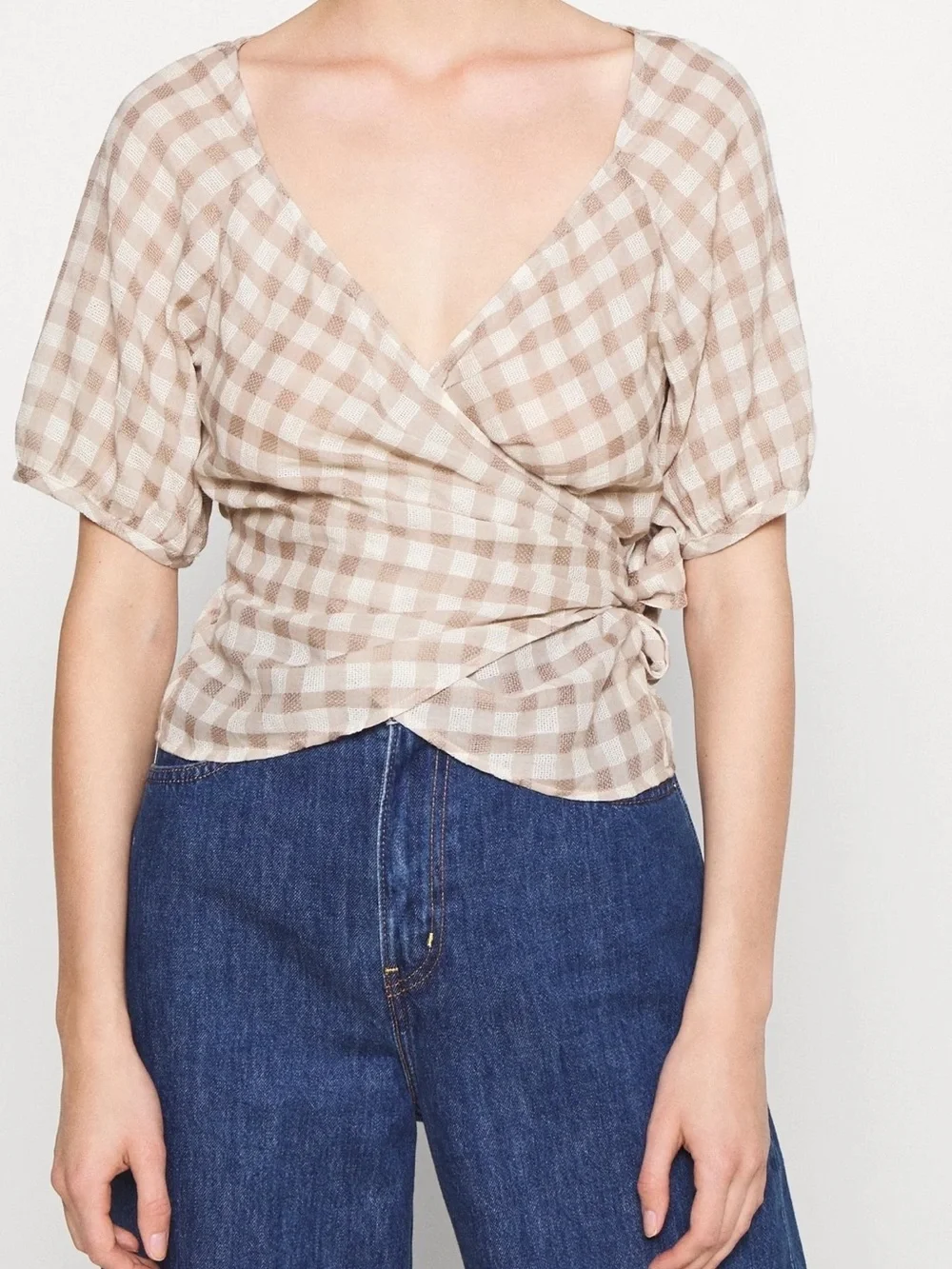 Madewell Beige Gingham Wrap Blouse with Short Puff Sleeves